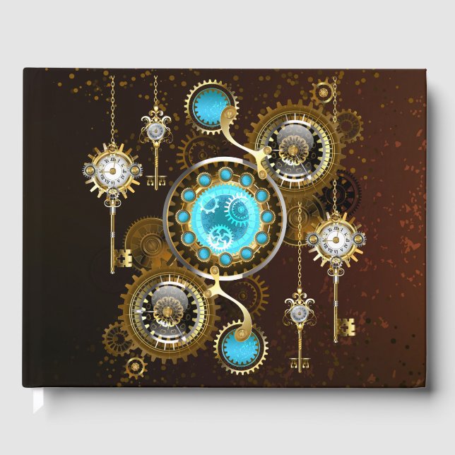 Steampunk Rusty Background med Turquise Lenses Gästböcker (Framsida)