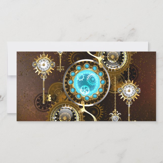 Steampunk Rusty Background med Turquise Lenses Julkort (Framsida)