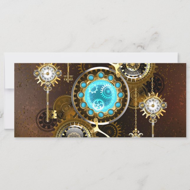 Steampunk Rusty Background med Turquise Lenses Julkort (Framsida)