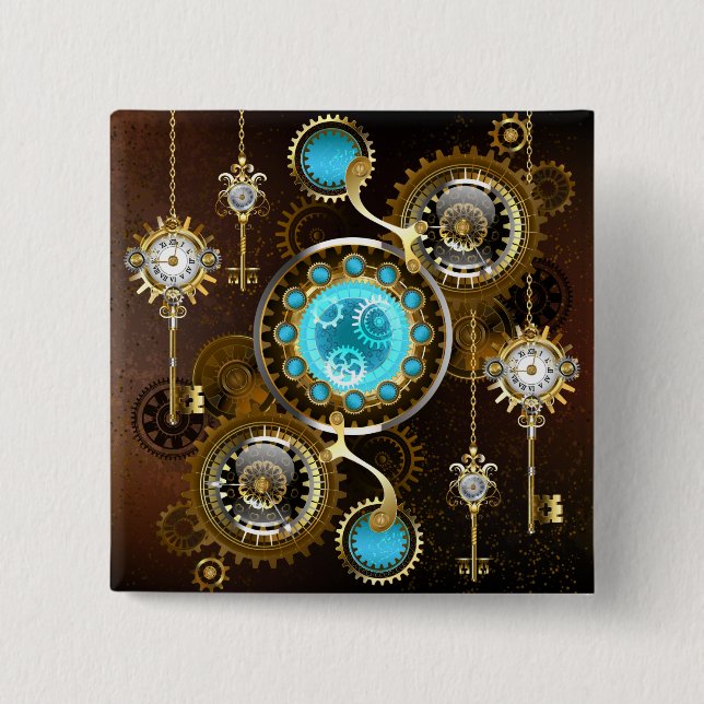 Steampunk Rusty Background med Turquise Lenses Knapp (Framsida)