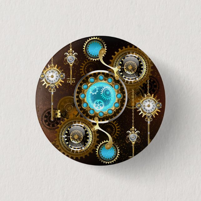 Steampunk Rusty Background med Turquise Lenses Knapp (Framsida)