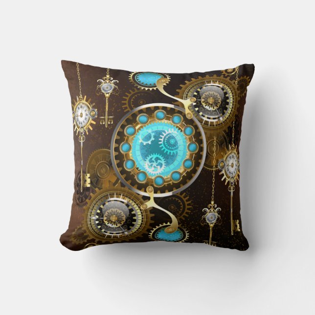 Steampunk Rusty Background med Turquise Lenses Kudde (Framsida)