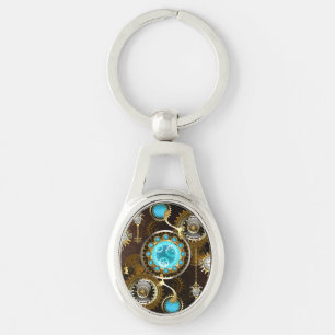 Steampunk Rusty Background med Turquise Lenses Ovalt Silverfärgad Nyckelring