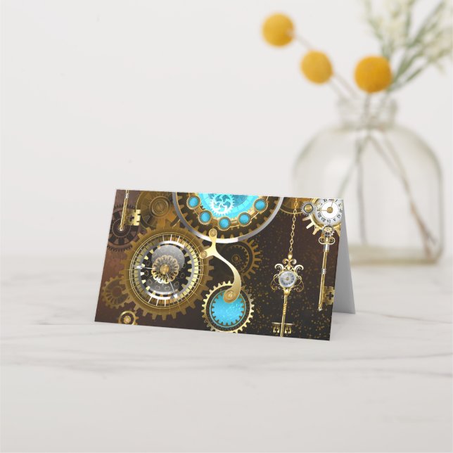 Steampunk Rusty Background med Turquise Lenses Placeringskort (Framsida)