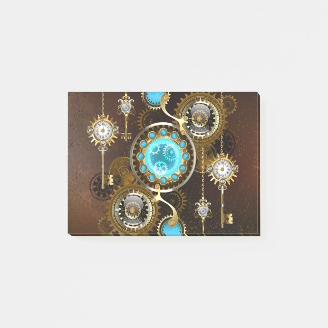 Steampunk Rusty Background med Turquise Lenses Post-it Block (Framsida)