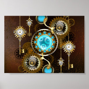 Steampunk Rusty Background med Turquise Lenses Poster