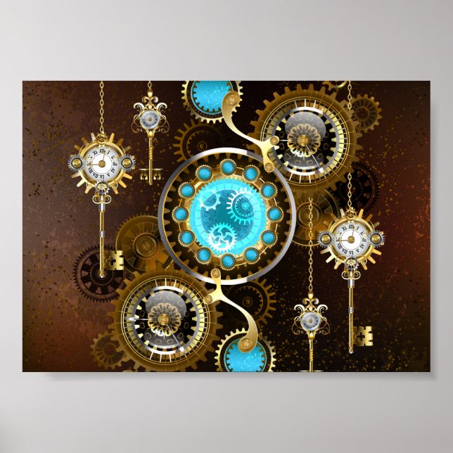 Steampunk Rusty Background med Turquise Lenses Poster (Framsidan)