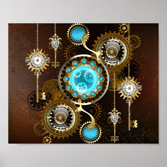 Steampunk Rusty Background med Turquise Lenses Poster (Framsidan)