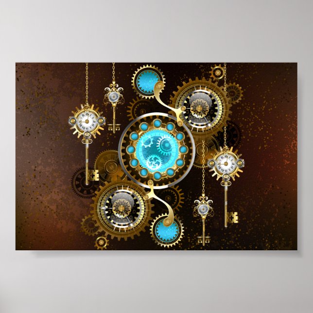 Steampunk Rusty Background med Turquise Lenses Poster (Framsidan)