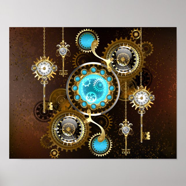 Steampunk Rusty Background med Turquise Lenses Poster (Framsidan)