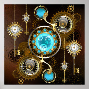 Steampunk Rusty Background med Turquise Lenses Poster
