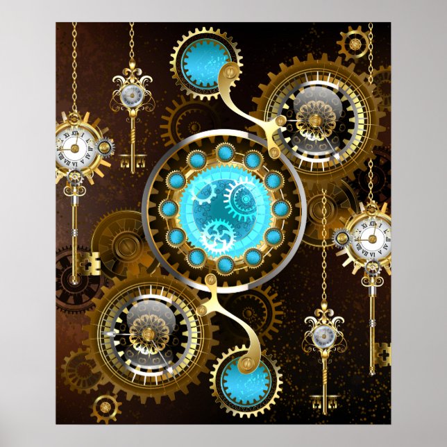 Steampunk Rusty Background med Turquise Lenses Poster (Framsidan)