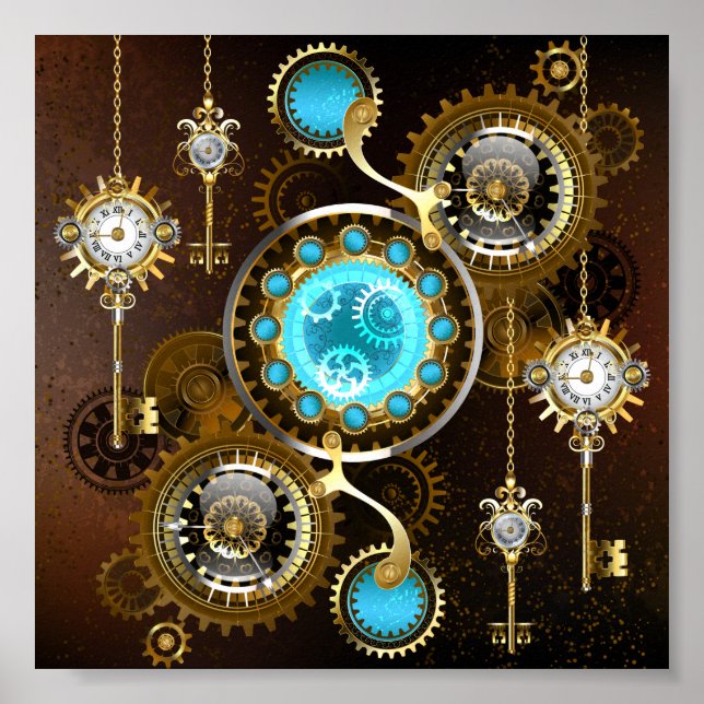 Steampunk Rusty Background med Turquise Lenses Poster (Framsidan)