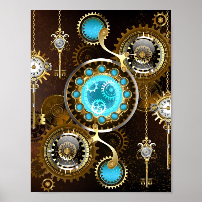 Steampunk Rusty Background med Turquise Lenses Poster (Framsidan)