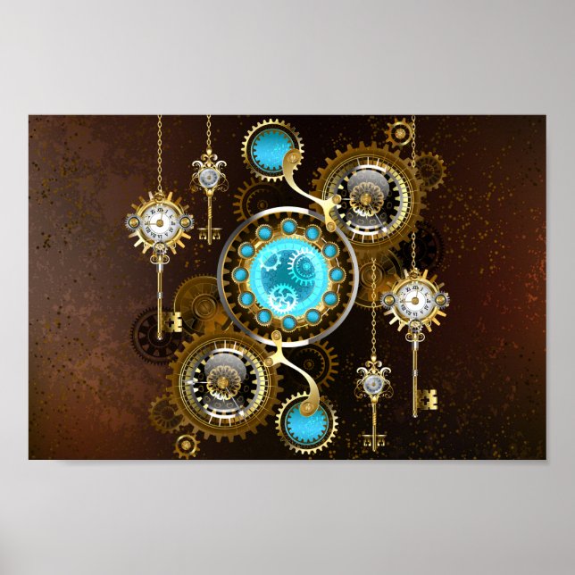 Steampunk Rusty Background med Turquise Lenses Poster (Framsidan)