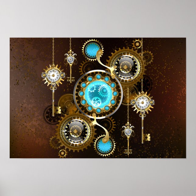 Steampunk Rusty Background med Turquise Lenses Poster (Framsidan)