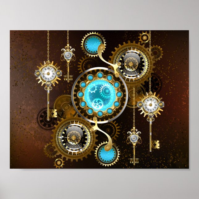 Steampunk Rusty Background med Turquise Lenses Poster (Framsidan)
