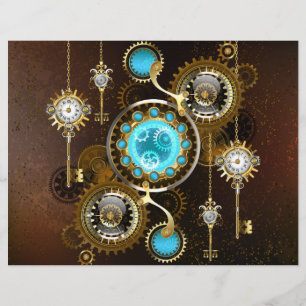Steampunk Rusty Background med Turquise Lenses Reklamblad