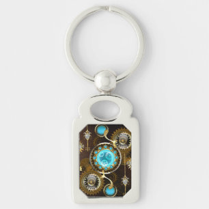 Steampunk Rusty Background med Turquise Lenses Rektangulärt Silverfärgad Nyckelring