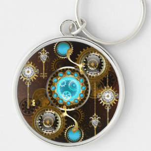 Steampunk Rusty Background med Turquise Lenses Rund Silverfärgad Nyckelring
