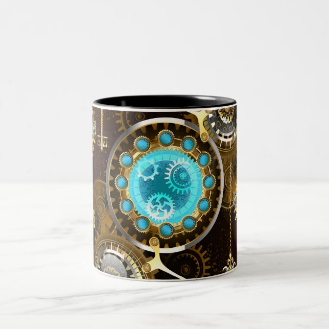 Steampunk Rusty Background med Turquise Lenses Två-Tonad Mugg (Center)