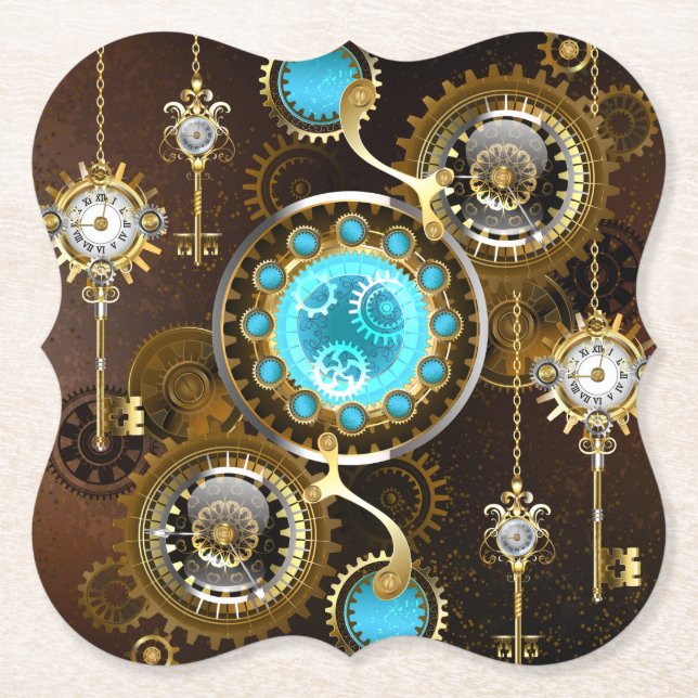 Steampunk Rusty Background med Turquise Lenses Underlägg Papper (Framsida)