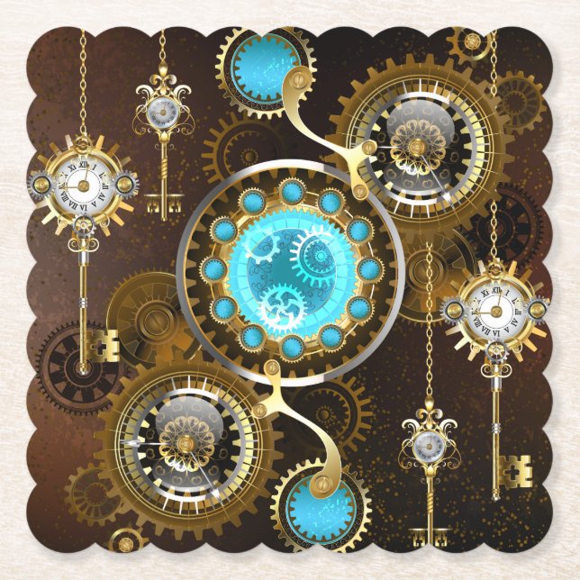 Steampunk Rusty Background med Turquise Lenses Underlägg Papper (Framsida)