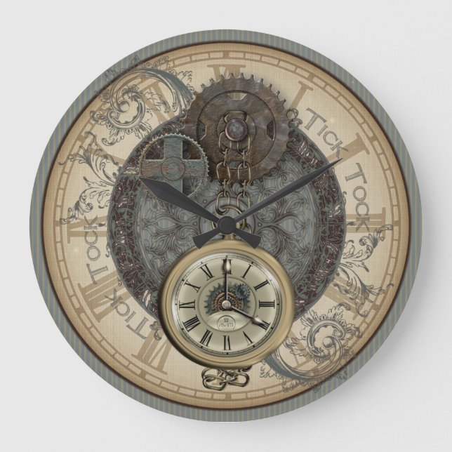 Steampunk Rusty Cogs och Pocket Watch Illustration Stor Klocka (Framsida)
