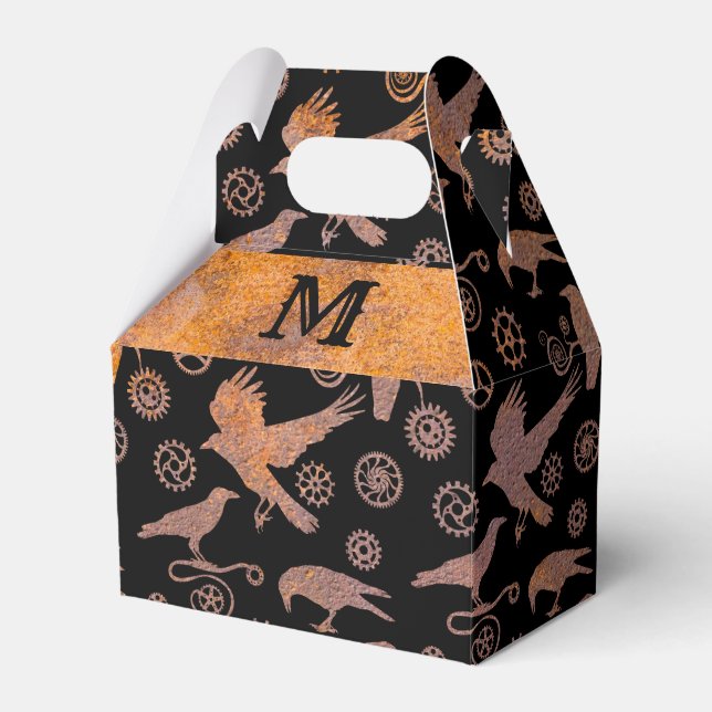 Steampunk Rusty Gears och Kråkas Monogram Gable Presentaskar (Framsidan Sidan)