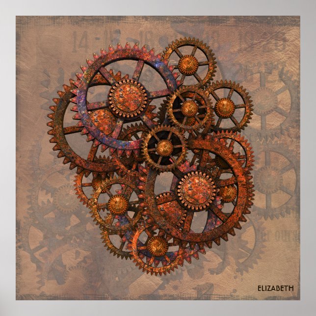 Steampunk Rusty Metall-redskap med skuggor Poster (Framsidan)