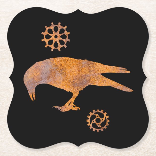 Steampunk Rusty Pecking Kråka and Gears Underlägg Papper (Framsida)