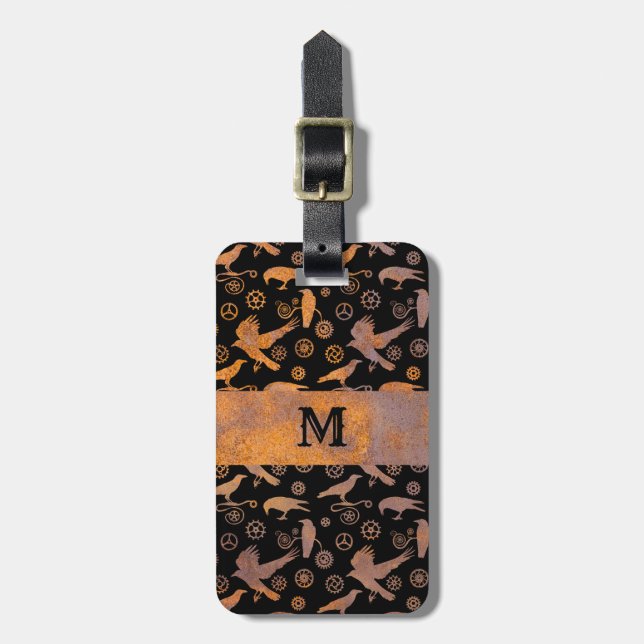 Steampunk Rusty Steel Gears and Kråkas Monogram Bagagebricka (Vertikal Framsida)