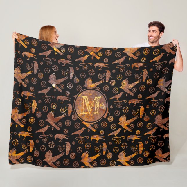 Steampunk Rusty Steel Gears and Kråkas Monogram Fleecefilt (På plats)