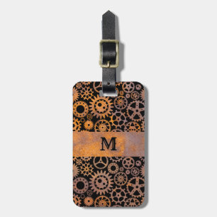 Steampunk Rusty Steel Gears Anpassningsbar Monogra Bagagebricka