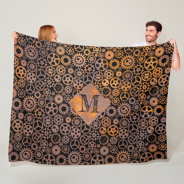 Steampunk Rusty Steel Gears Anpassningsbar Monogra Fleecefilt (På plats)