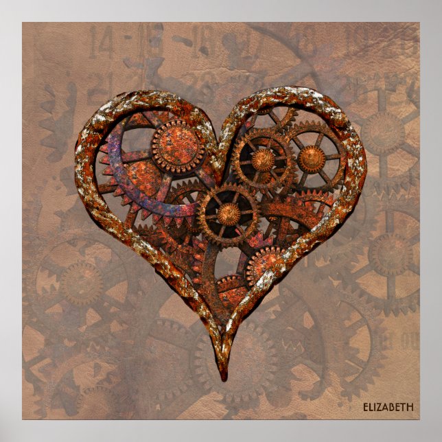 Steampunk Rusty Vintage Heart från Metall-växlar Poster (Framsidan)