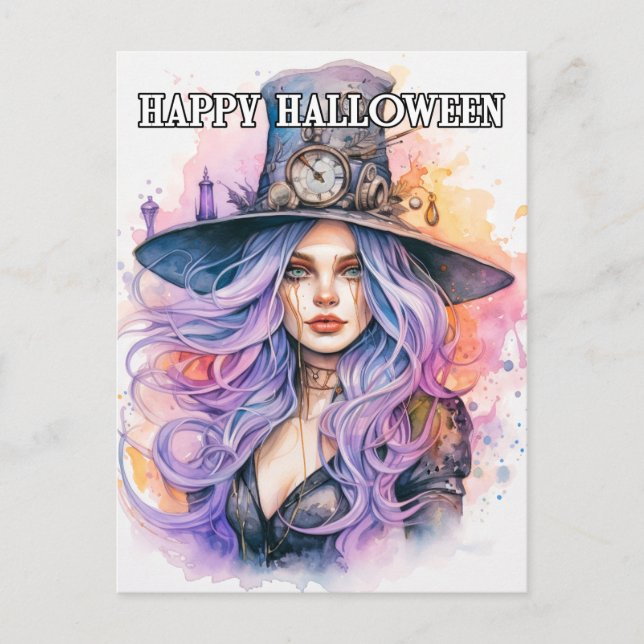 Steampunk Salem Häxa Glad Halloween Vykort (Framsida)