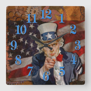 Steampunk Sam Patriotic US Flagga Design Fyrkantig Klocka