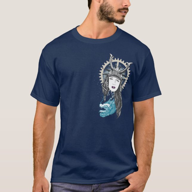 Steampunk Samuraiflicka med draken T-shirt (Framsida)