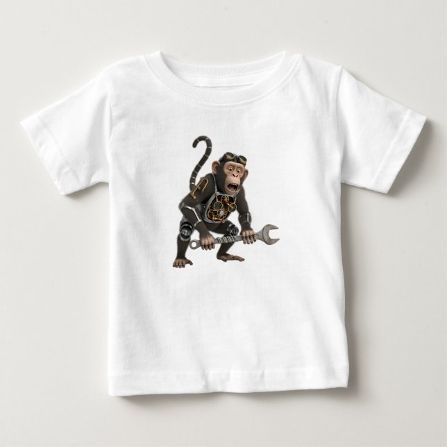 Steampunk Schimpansmekaniker med Industrinyckel T Shirt (Framsida)