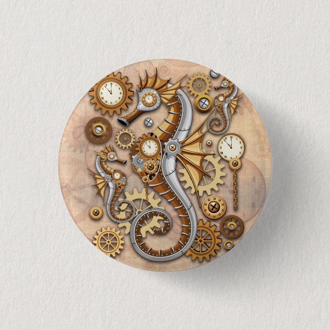 Steampunk Seahorse Vintage Surreal Art Knapp (Framsida)