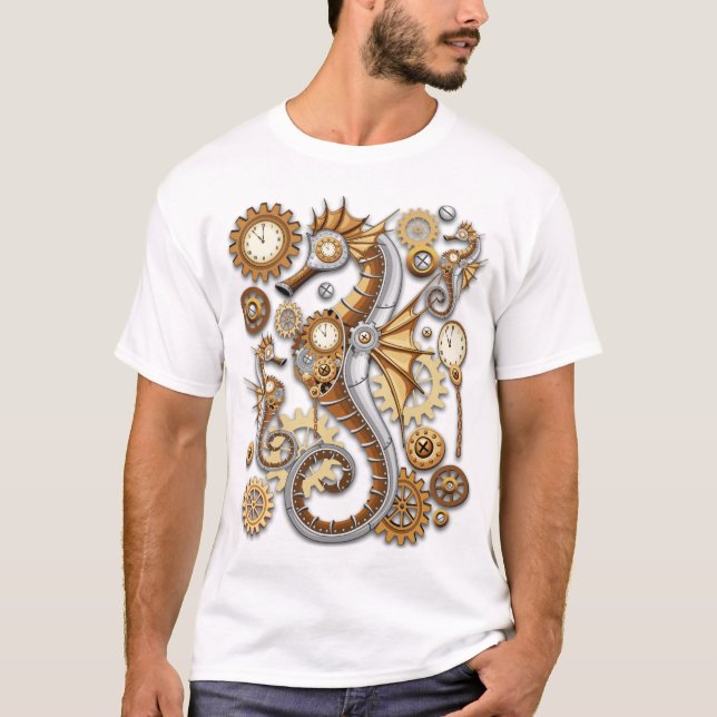 Steampunk Seahorse Vintage Surreal Art  T Shirt (Framsida)