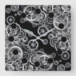 Steampunk Silver Gears 2 Square Wall Clock Fyrkantig Klocka