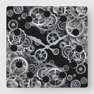 Steampunk Silver Gears 2 Square Wall Clock Fyrkantig Klocka