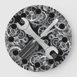 Steampunk Silver Gears & Verktyg Round Wall Clock Stor Klocka