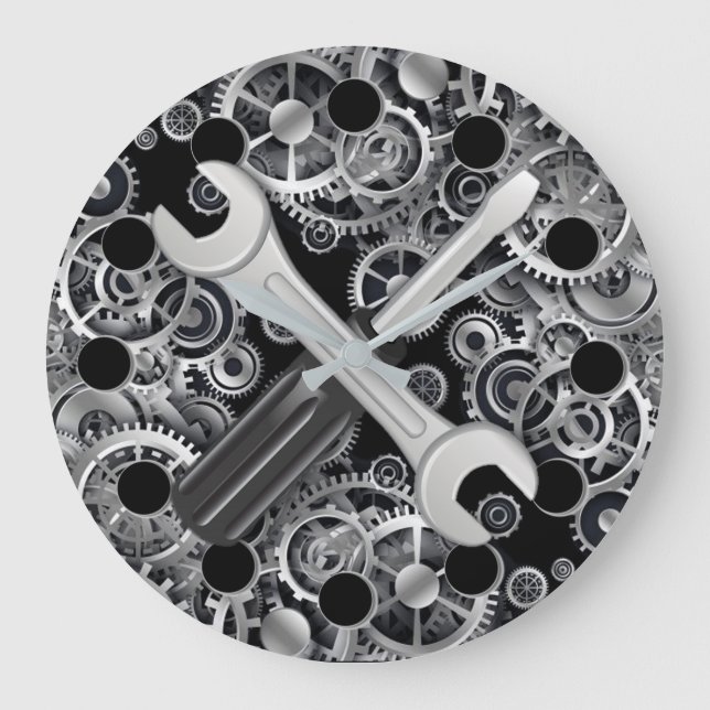 Steampunk Silver Gears & Verktyg Round Wall Clock Stor Klocka (Framsida)