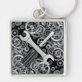 Steampunk Silver Gears & Verktyg Square Nyckelring
