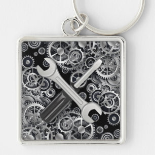 Steampunk Silver Gears & Verktyg Square Nyckelring