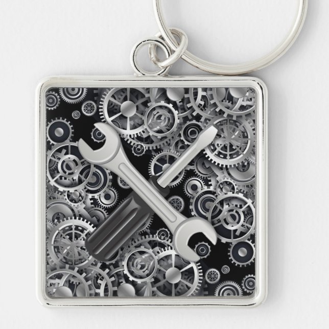 Steampunk Silver Gears & Verktyg Square Nyckelring (Framsidan)