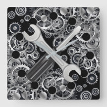 Steampunk Silver Gears & Verktyg Square Wall Clock
